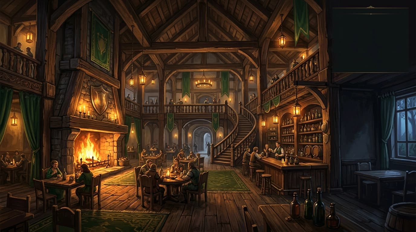 A quiet tavern hearth at evening, with open ledgers and mismatched chairs pulled up to a long table.