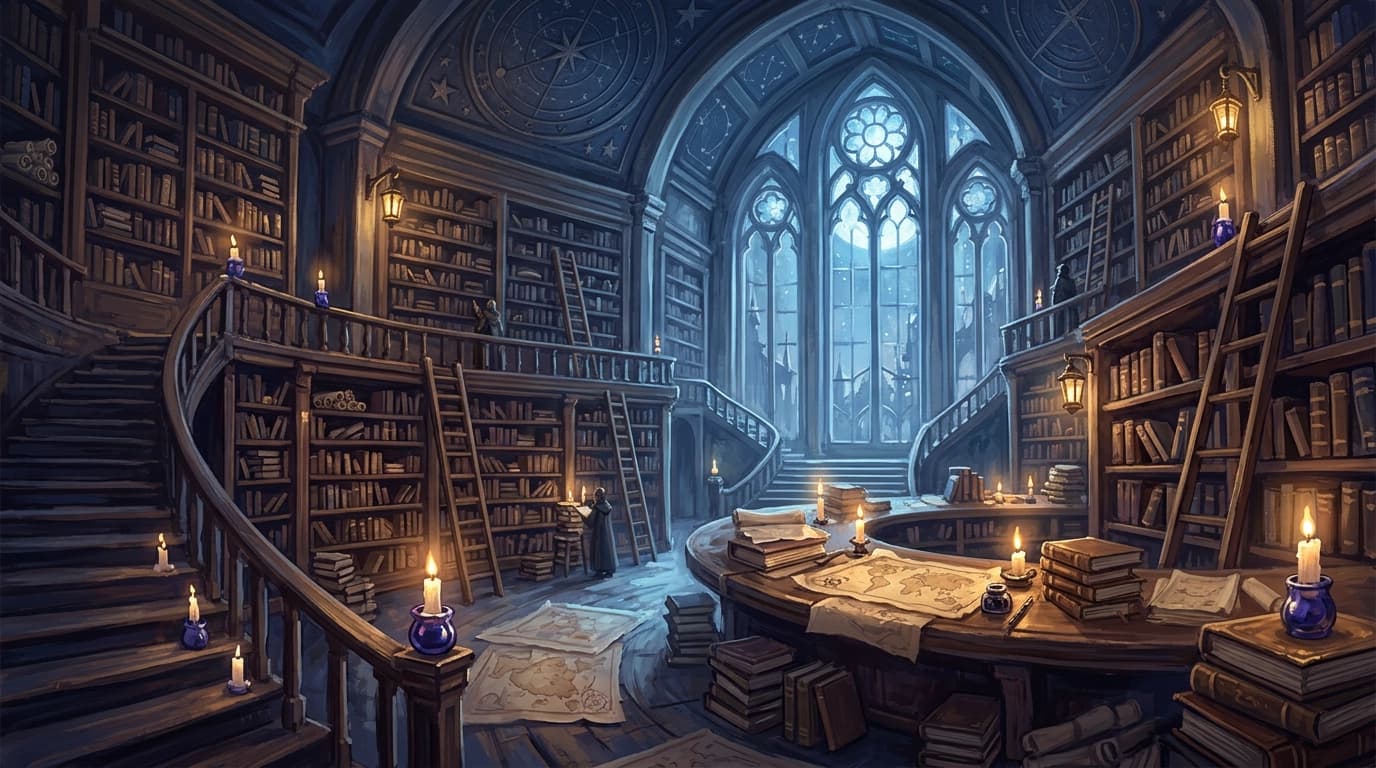 A DM's working library at night: open ledgers on a long table, tallow light, a wall of bound volumes behind.