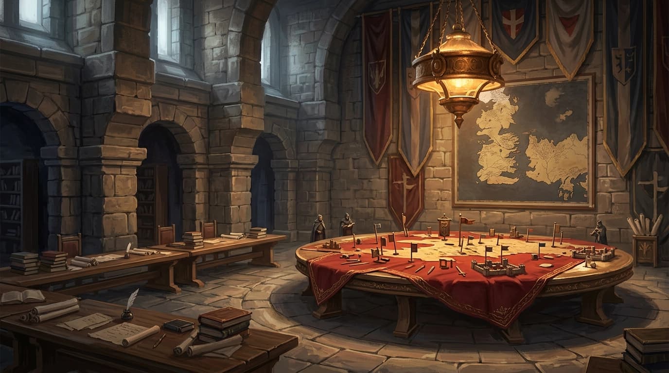 A lamp-lit war-room table covered with campaign maps and rolled documents.