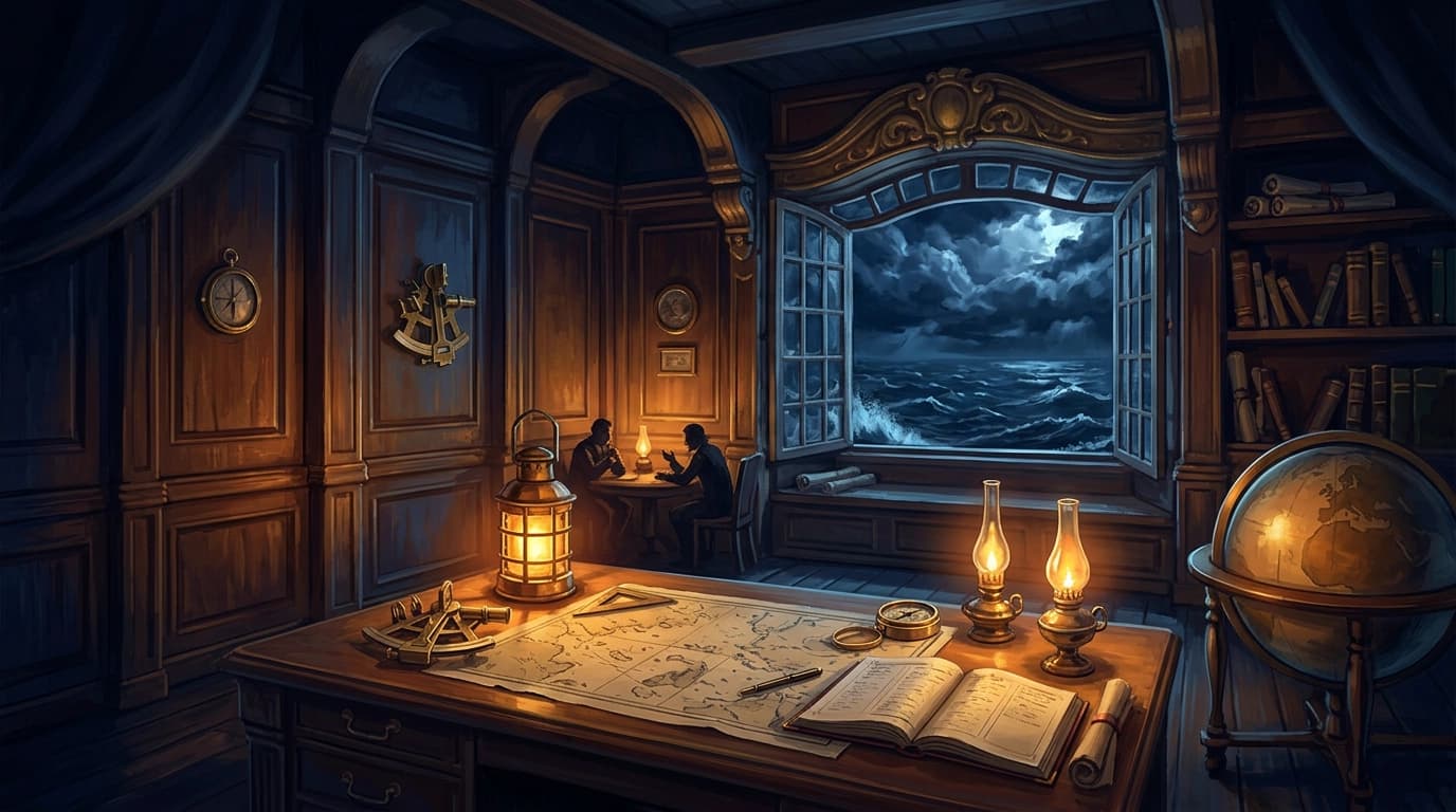 A ship captain's cabin at evening, with charts, an open ledger, and a lantern pulled close over an unfinished contract.