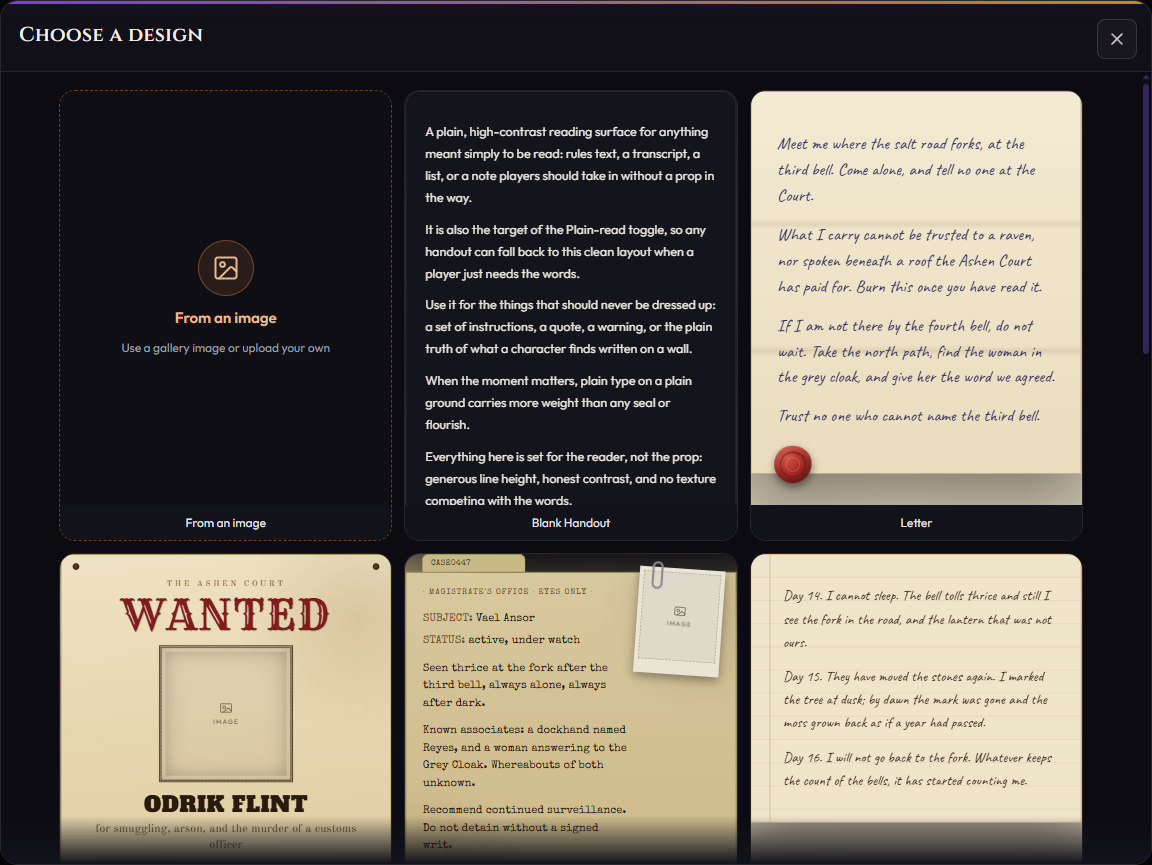 The real Multiloop handout design gallery, showing image, blank, letter, wanted poster, case file, and journal options