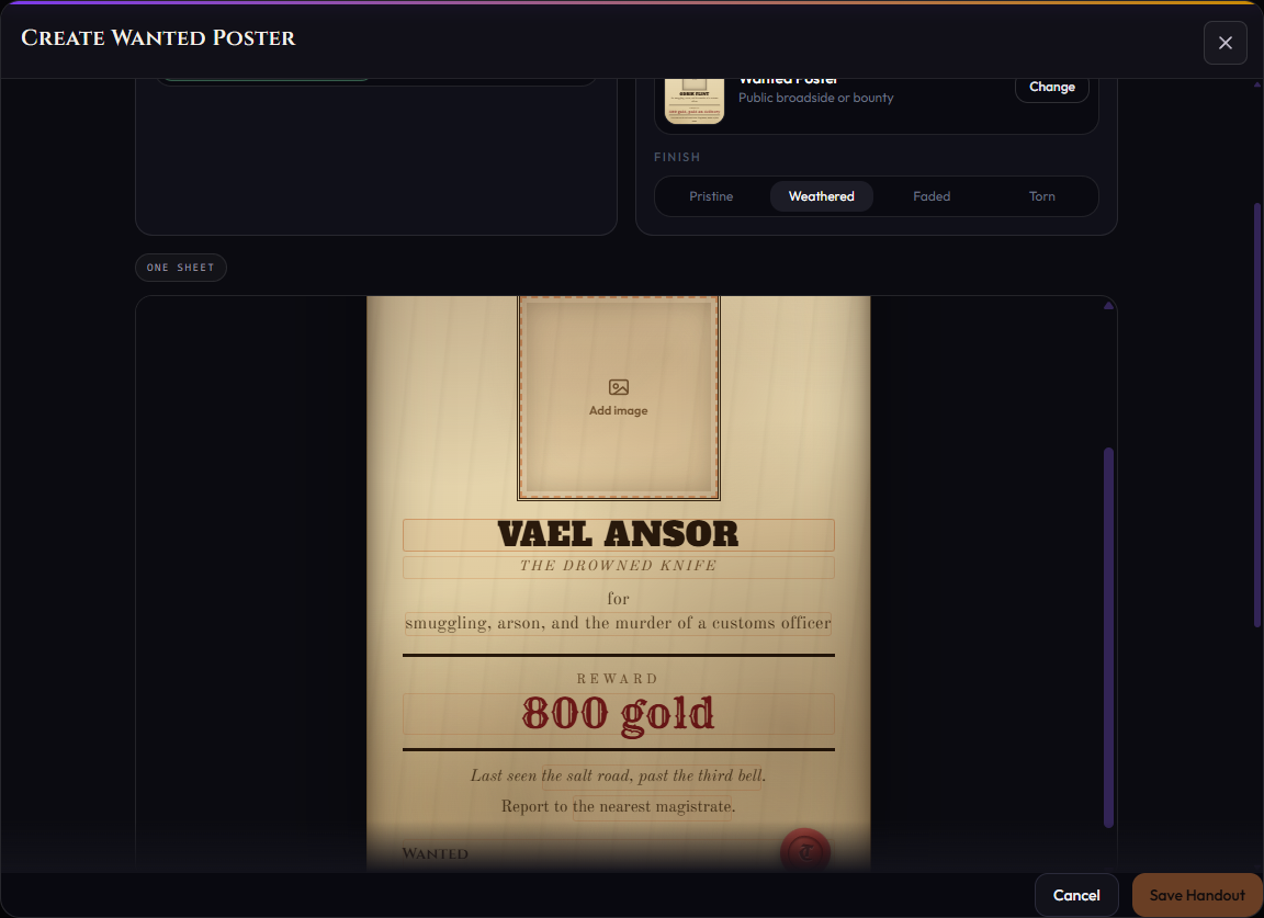 The real Multiloop handout editor showing direct editing on a wanted poster
